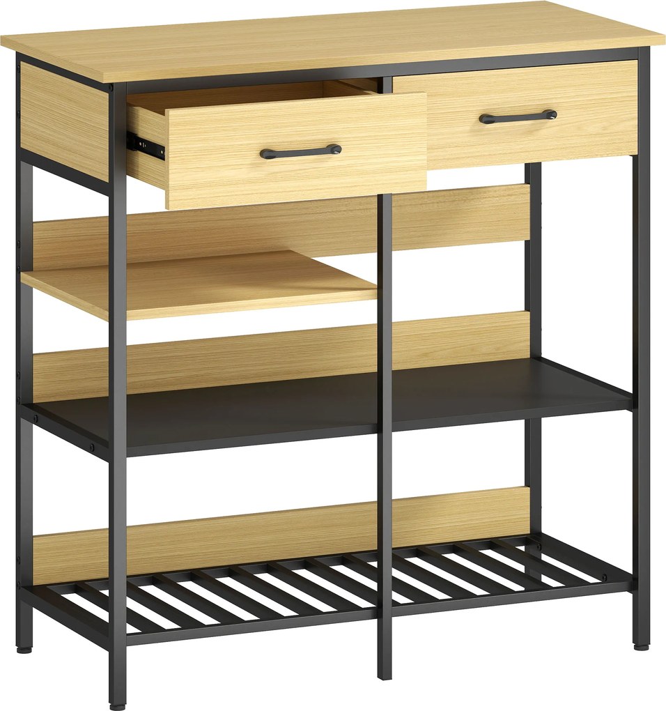 HOMCOM Sideboard, comodă cu 2 sertare, 3 rafturi deschise dulap de bucătărie pentru bucătărie, living 90 x 40 x 91 cm, lemn natural | Aosom Romania