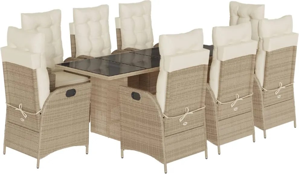 vidaXL Set de masă pentru grădină, 9 piese, cu perne, bej, poliratan