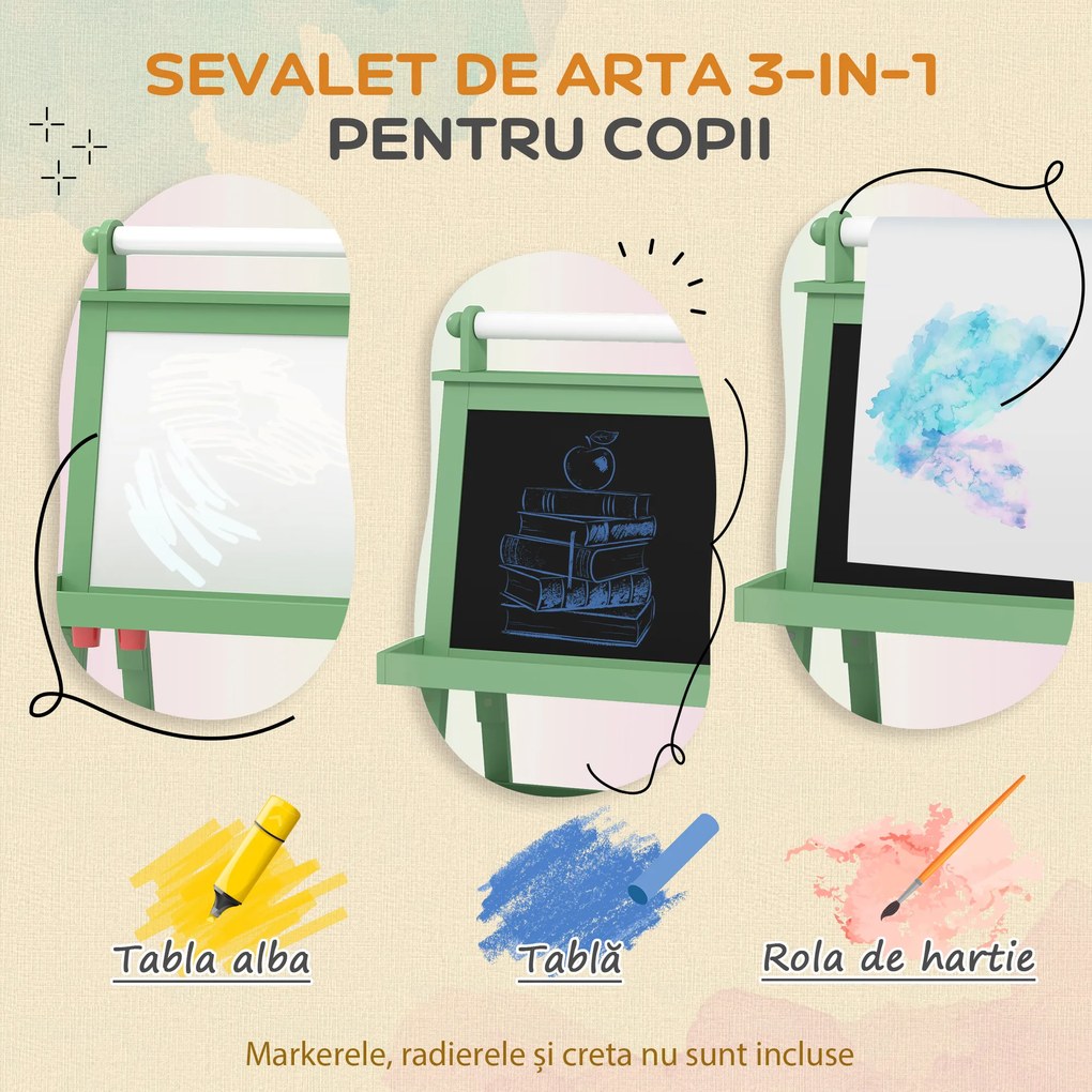 AIYAPLAY Tablă de Desen Dublă Pentru Copii 3-6 Ani, 59x48x118 cm, Verde | Aosom Romania