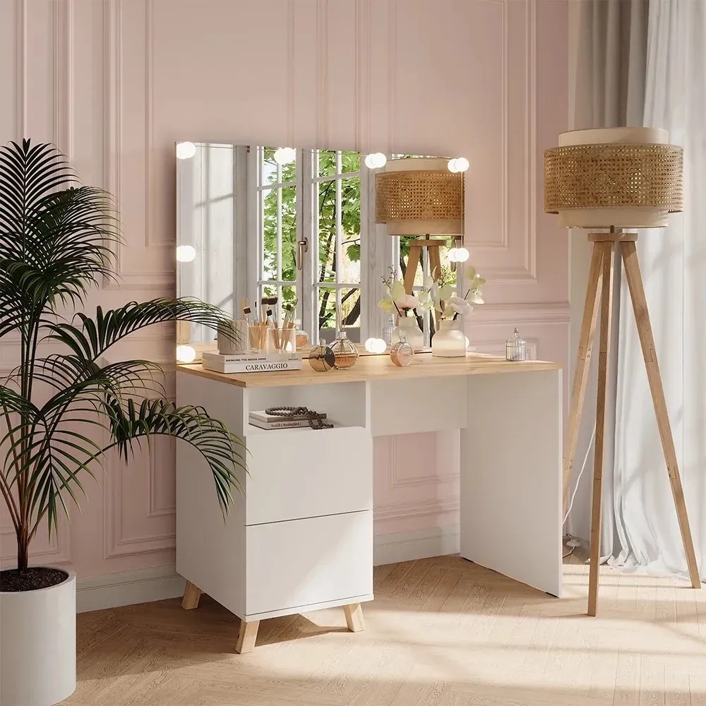 SEA913 - Set masă toaletă 110 cm pentru machiaj cu oglindă LED, opțiune cu sau fără scaun – Design modern și funcțional - Alb - Culoarea Stejar
