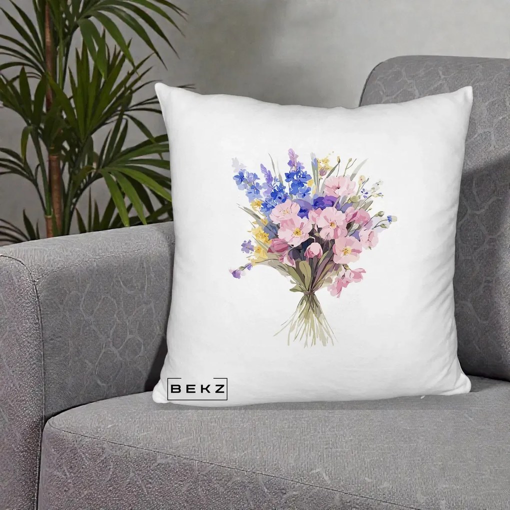 Perna Decorativa Buchet Floral Acuarela Primavara, 40x40 cm, Alb Pufos, Husa Detasabila, Perna Inclusa, BEKZ®
