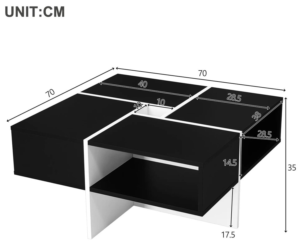 Măsuță de cafea modernă, 70×70×35 cm, design alb și negru, 5 compartimente deschise, raft central 10×10 cm, capacitate de încărcare 30 kg, Alb+Negru