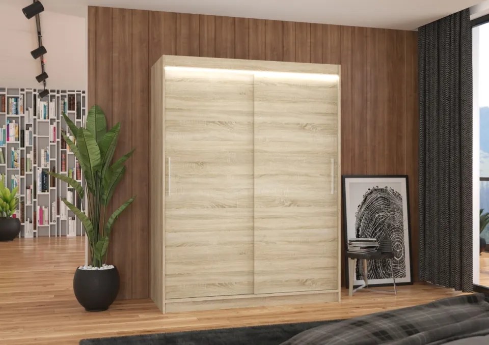 Dulap cu usi glisante si iluminare LED, Denver 150 + LED, 150 cmx200 cmx58 cm, ADRK Furniture (Culoare: Ciocolata)