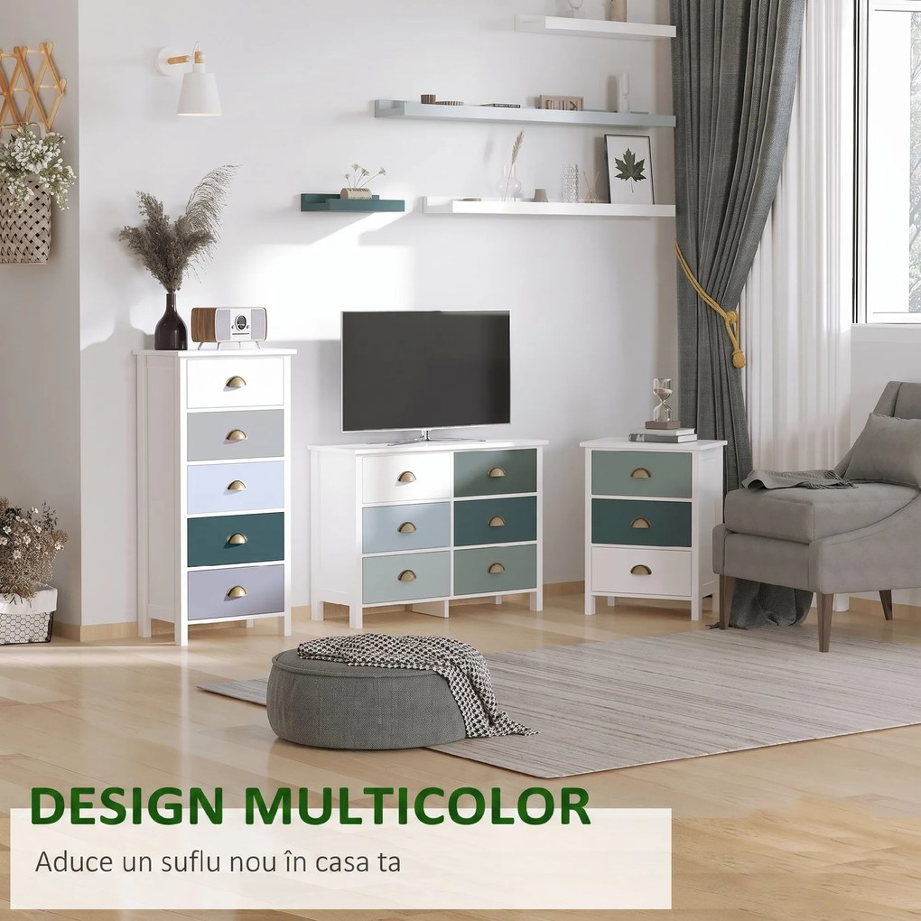 HOMCOM Comodă pentru Dormitor cu 5 Sertare Colorate, cu Mânere Metalice,  45x30x95.4 cm, Multicolor | Aosom Romania