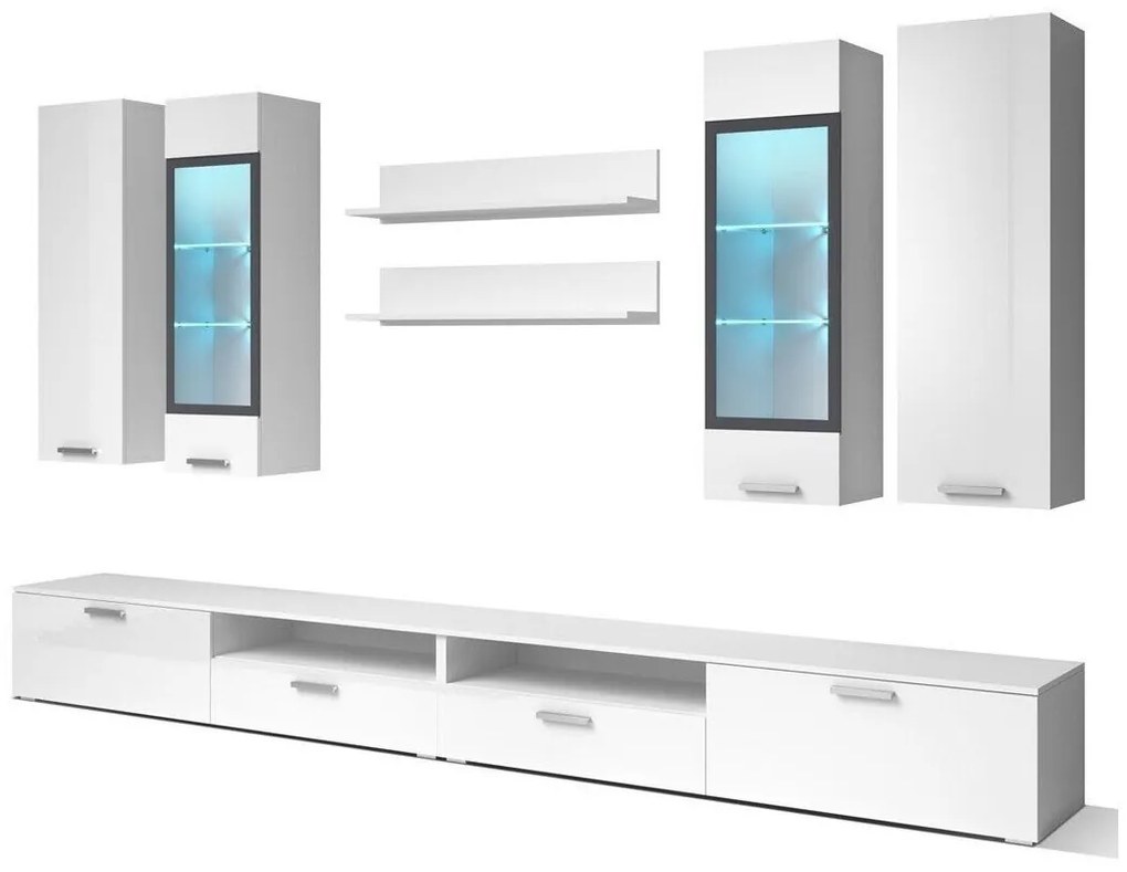Mobilă pentru sufragerie Austin 105Alb, Alb lucios, Negru, Cu componente suplimentare, Părți separate, Cu comodă tv, PAL laminat, Sticlă călită, 280x40cm