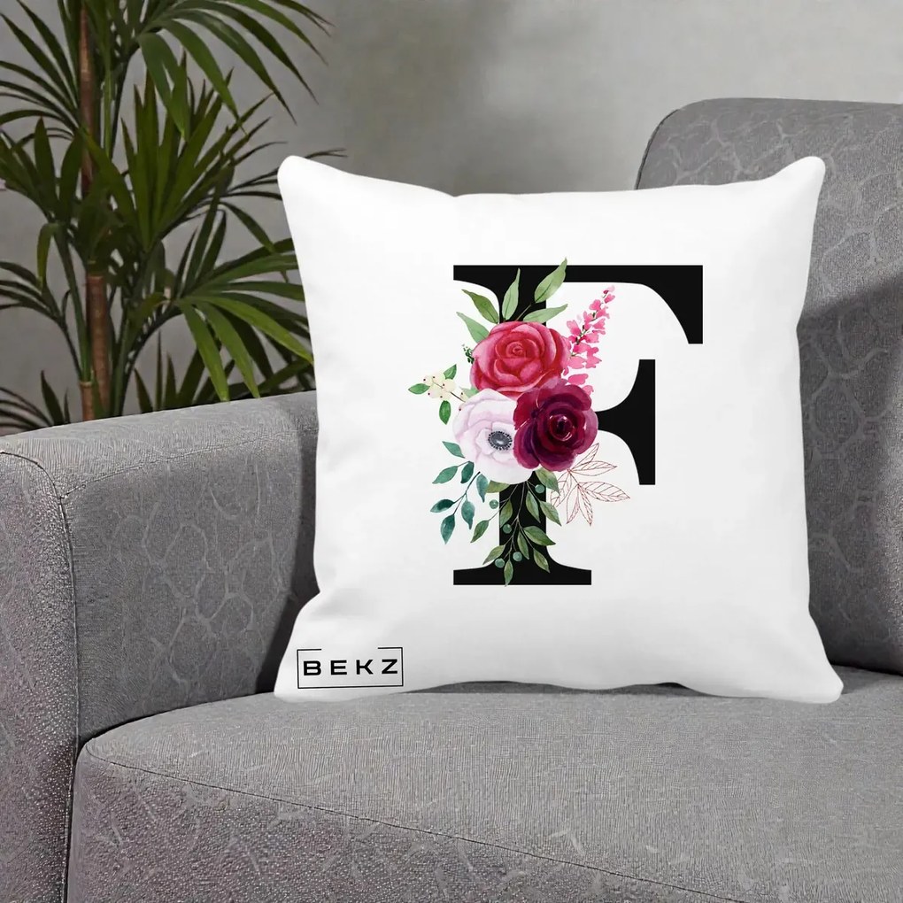 Cadou Personalizat - Perna Personalizata Monograma Florala Litera F, 40x40 cm, Alba Mata, Husa Detasabila, Perna Inclusa, BEKZ®