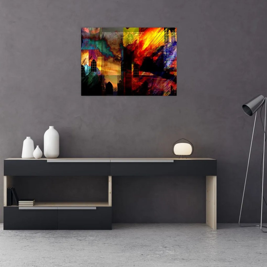 Tablou pe sticlă - Oraș colorat, abstracție (70x50 cm)