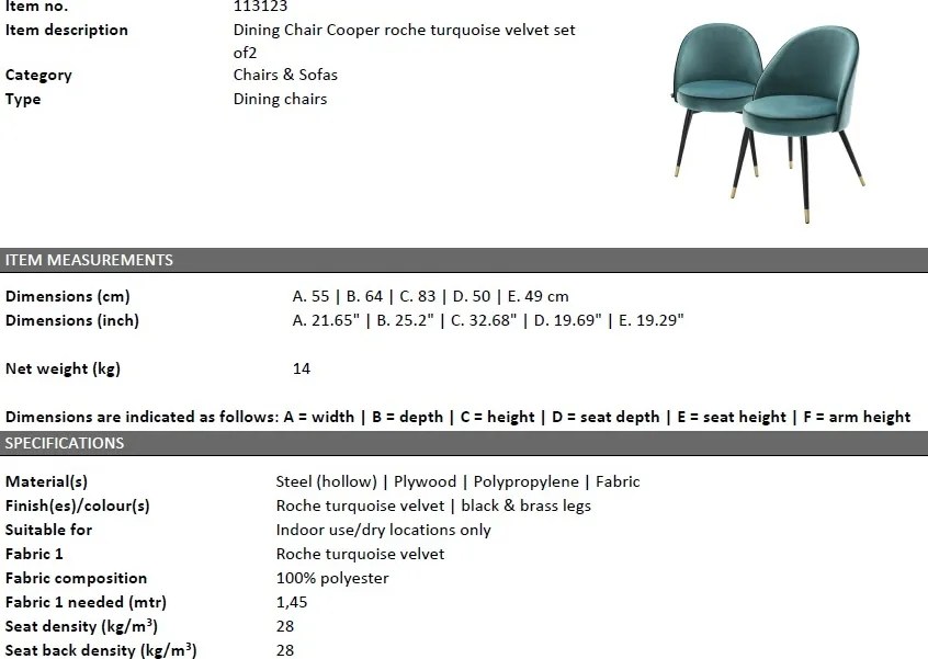 Set de 2 scaune elegante design LUX Cooper, catifea turcoaz 113123 HZ