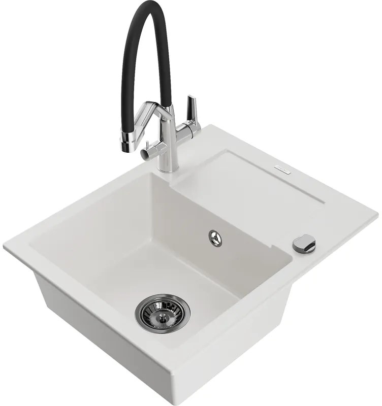 Mexen Enzo chiuvetă de granit cu un compartiment, cu picurător și baterie de bucătărie Duo, Albă - 6506-20-671701-07-B