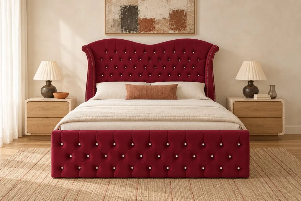 Pat tapițat Chesterfield Avella 140×200 cm, vișiniu, cu ladă de depozitare