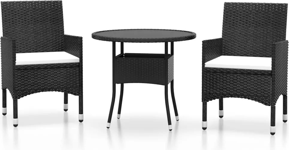 vidaXL Set mobilier bistro grădină 3 piese, negru, poliratan și sticlă