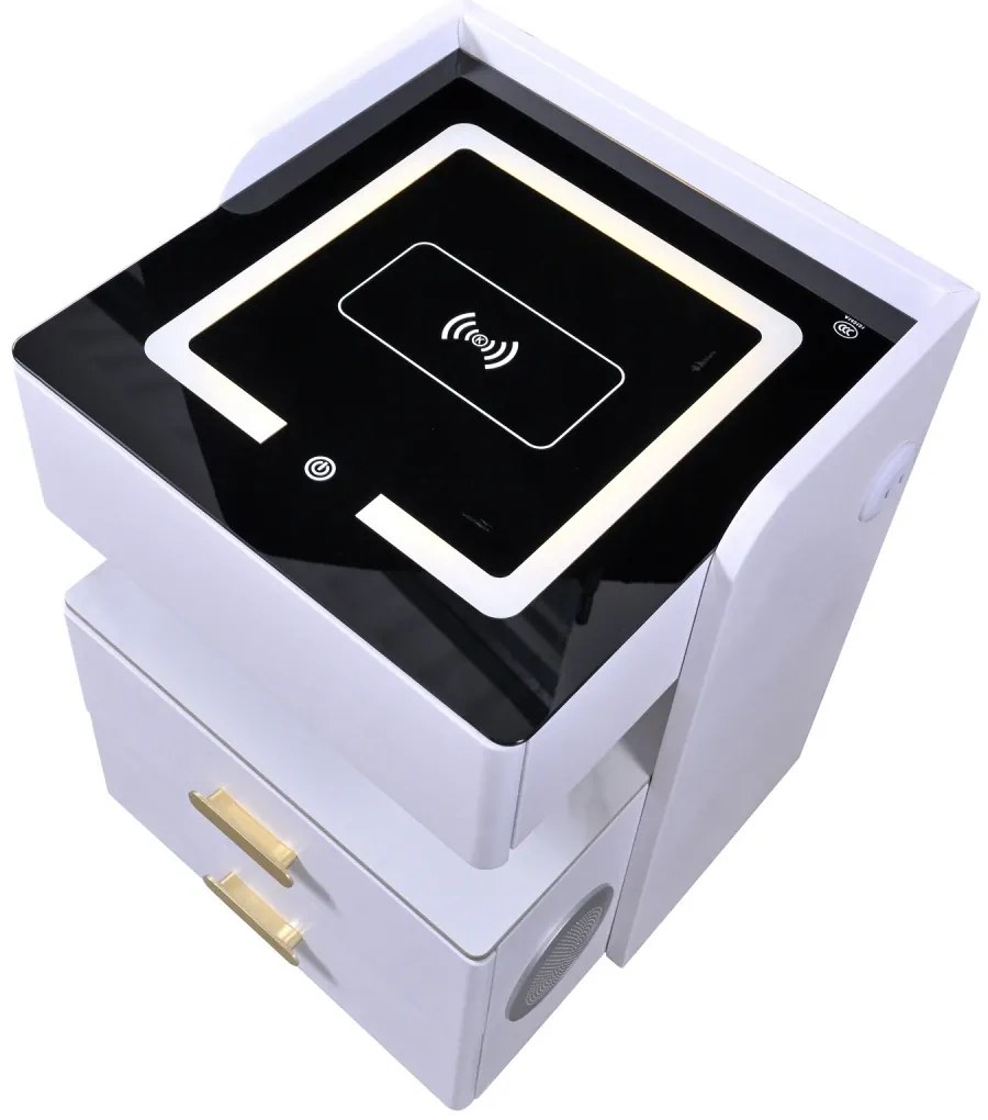 Noptieră inteligentă, cu încărcare wireless și port USB, difuzor multifuncțional Bluetooth, 3 sertare, 3 tipuri de iluminare LED touch, Alb