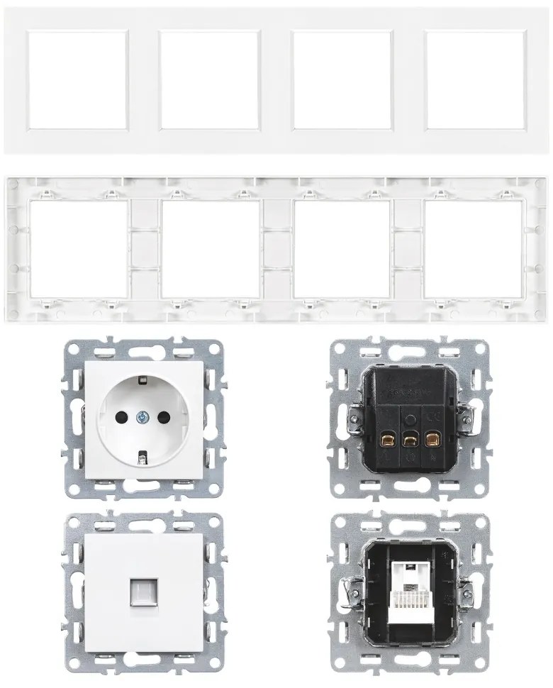 Priză cu trei prize cu împământare Nova IV cu conector UTP cu cadru alb