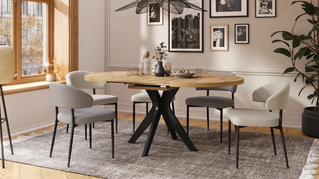 Mazzoni RENZO Stejar Artisan/picior negru - MASĂ ROTUNDĂ Ø110 EXTENSIBILĂ PÂNĂ LA 180 cm | PENTRU BUCĂTĂRIE SUFRAGERIE LIVING RETRO