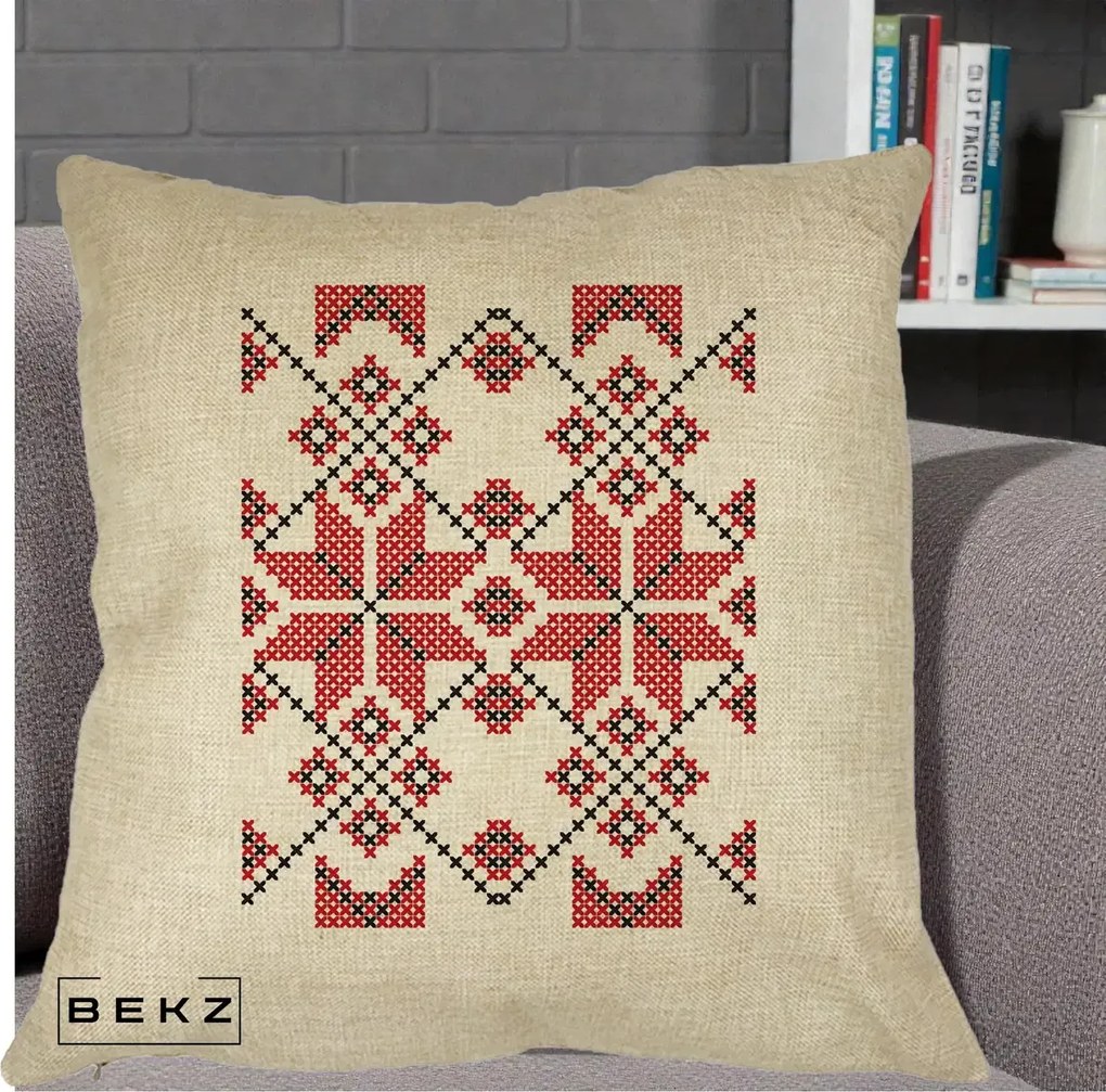 Perna Personalizata Motiv Traditional Cusatura Rosu-Negru, 40x40 cm, Crem, Husa Detasabila, Perna Inclusa, BEKZ®