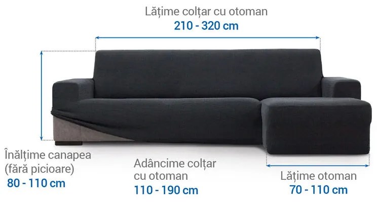 Huse super elastice HARMONIA antracit canapea cu otoman dreapta (l. 210 - 320 cm)