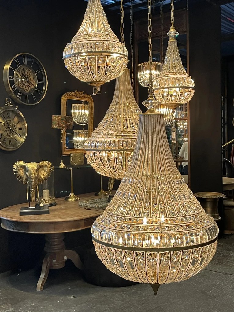 Candelabru din metal, auriu, în stil Empire, cu cristale din sticlă și 8 becuri, 105 x 58 cm, „Colosseo”