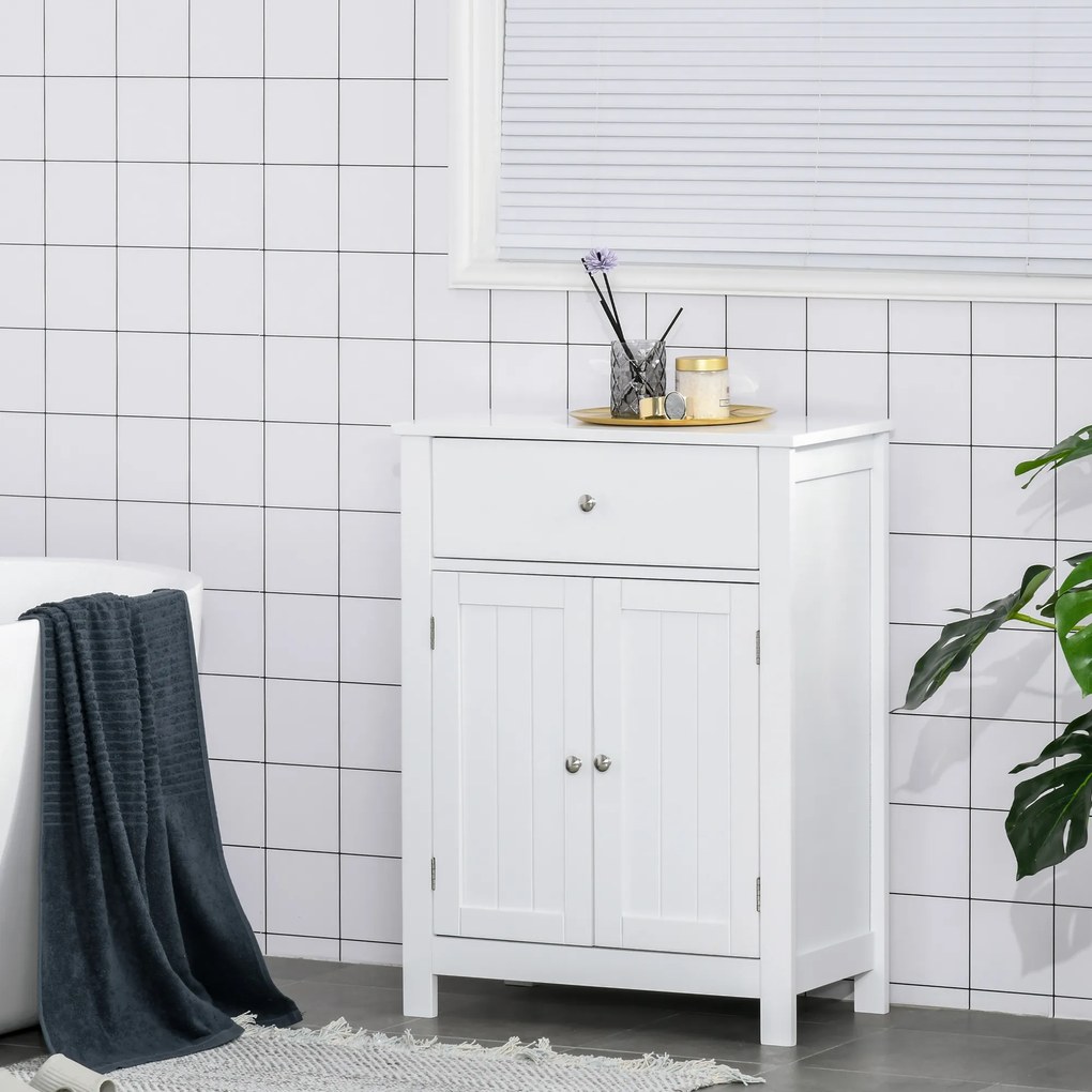 Kleankin Dulap de Baie cu 1 Sertar 2 Uși și Raft Interior Reglabil Mobilier Auxiliar de Depozitare Multifuncțional pentru Sufragerie Bucătărie Antivuelco 60x30x80 cm Alb | Aosom Romania