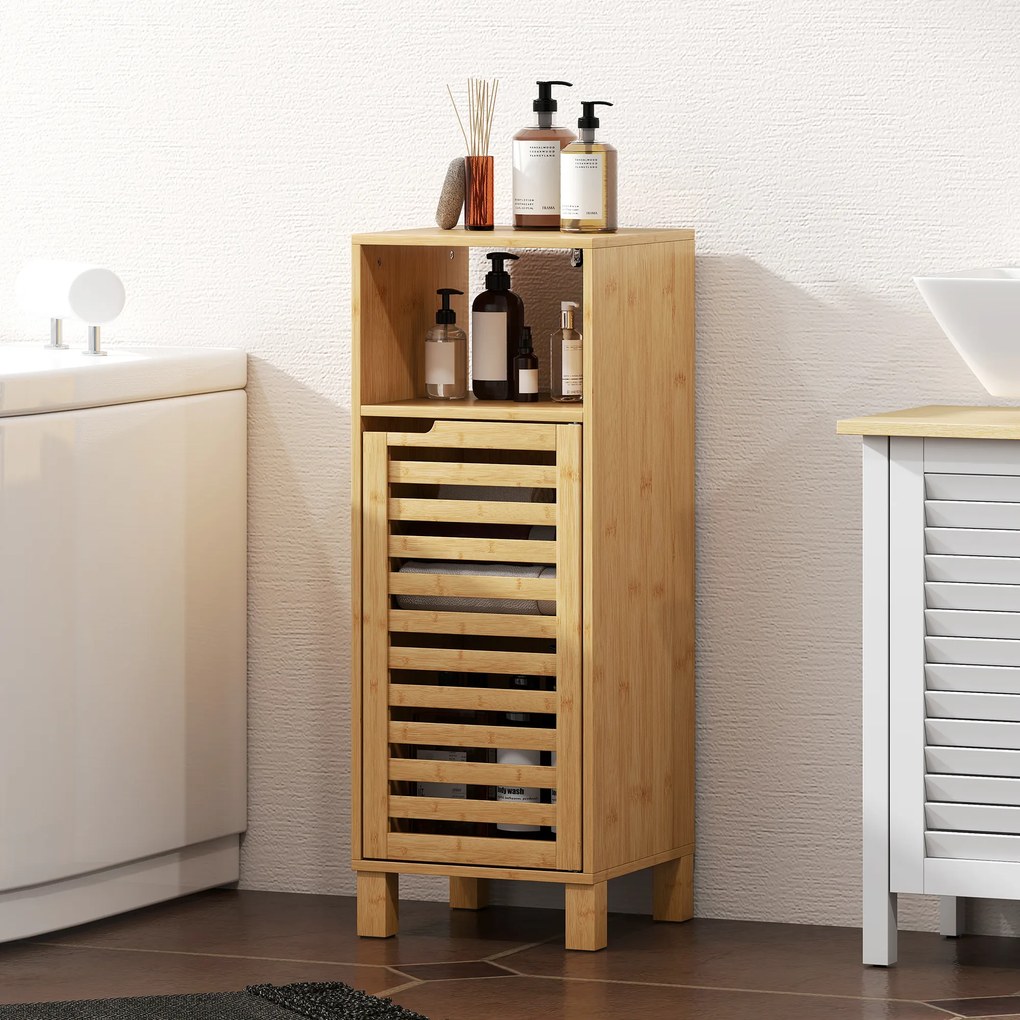 HOMCOM Dulap baie, raft deschis, dulap, lemn de bambus, ușă cu lamele, maro deschis | Aosom Romania