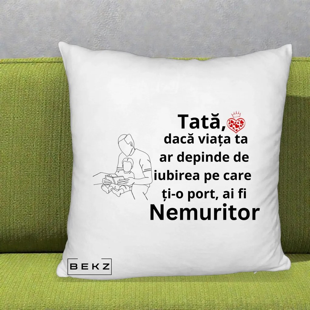 Cadou pentru Tata - Perna Personalizata Tata Nemuritor Lectura, 40x40 cm, Alb Pufos, Husa Detasabila, Perna Inclusa, BEKZ®