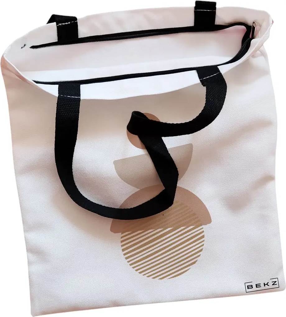 Sacosa de Panza pentru Cumparaturi, Geanta Tote, model Echilibru Geometric, Cu fermoar, 38x34.5 cm, Alba, BEKZ®
