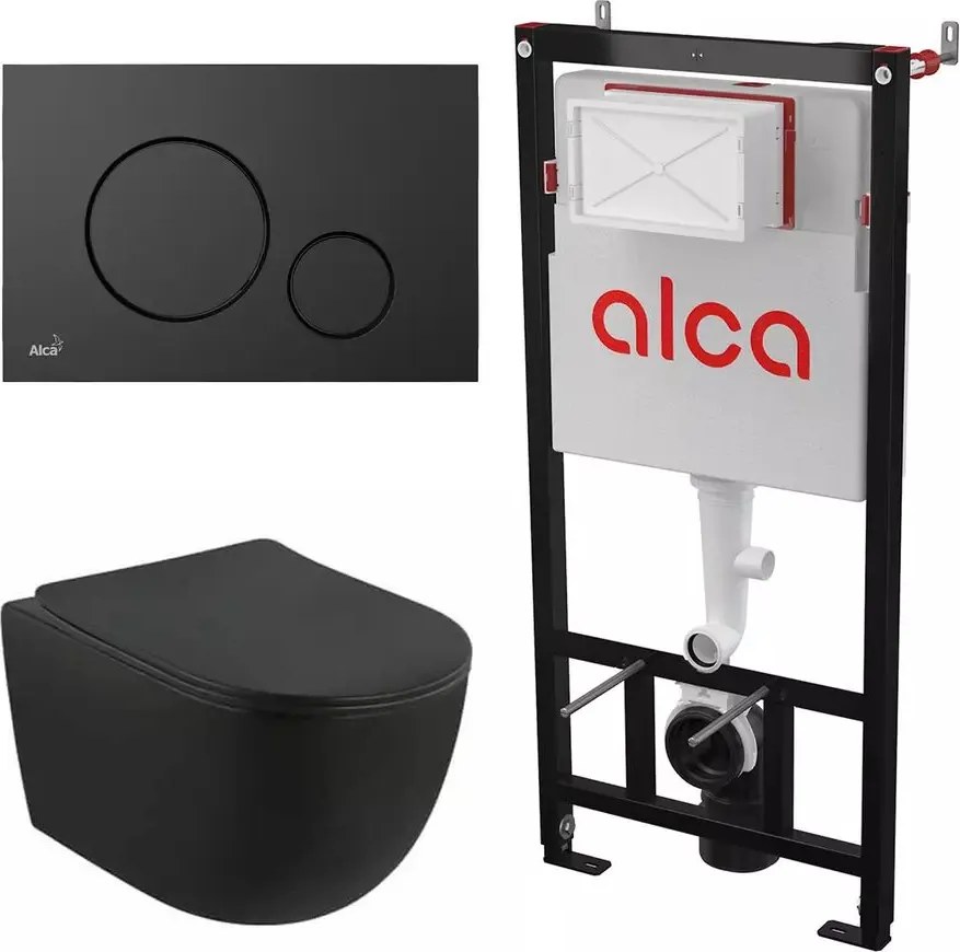 Set rezervor WC cu cadru incastrat Alca AM101/1120 si clapeta M678 negru plus vas WC Fluminia Minerva cu capac softclose