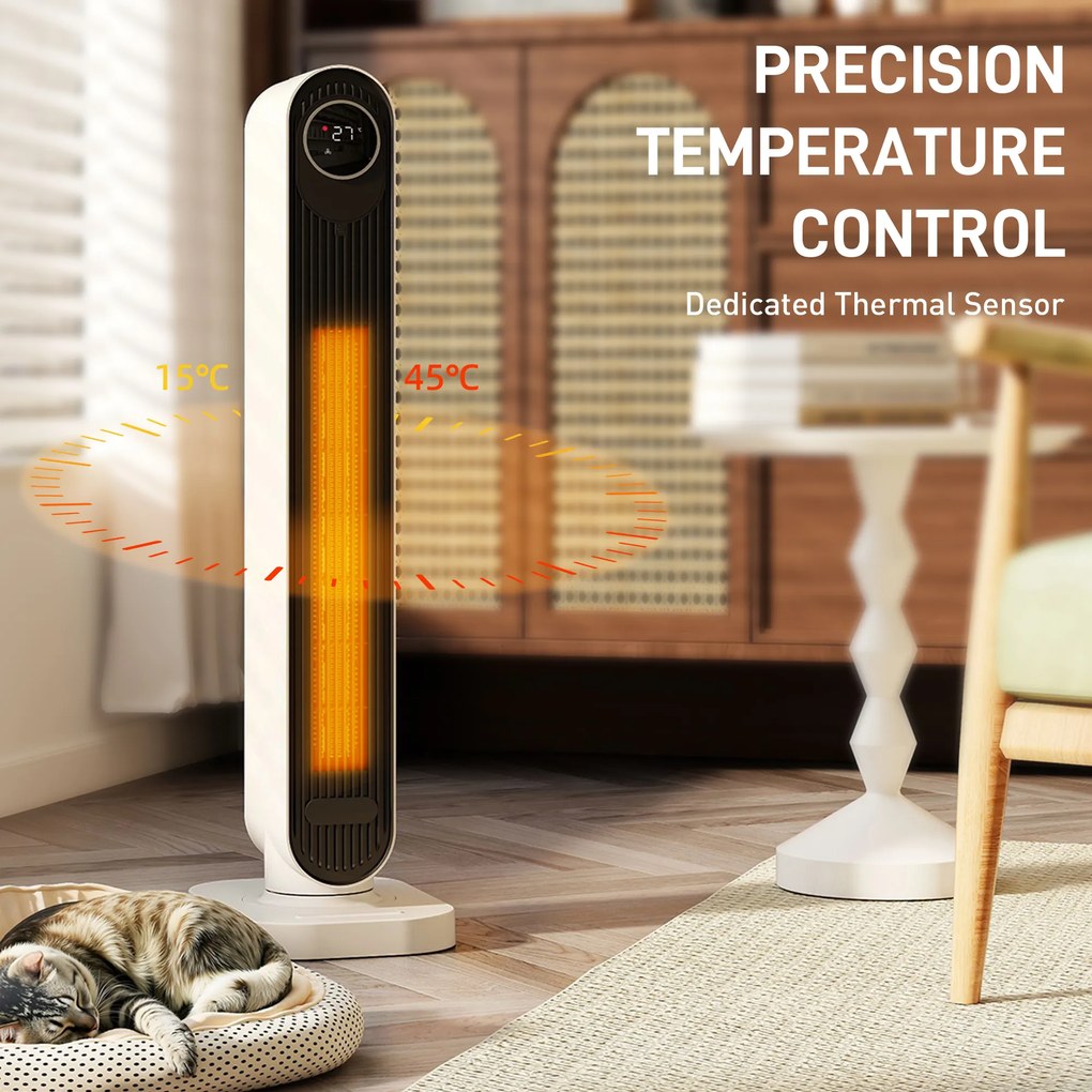 HOMCOM Încălzitor Electric cu Ventilator 2000W cu Telecomandă 30x22x82,5 cm, Alb | Aosom Romania