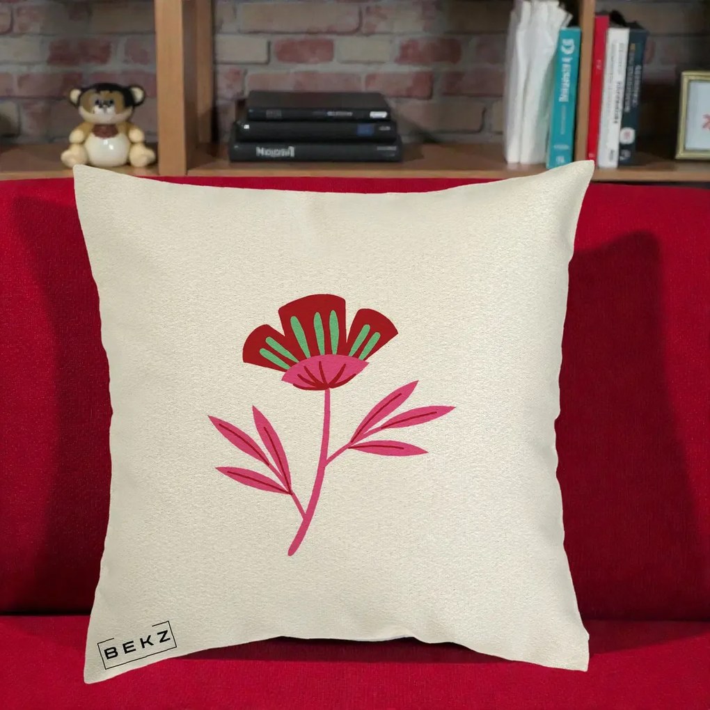 Perna Decorativa Floare Macul Roz-Rosu Grafic, 40x40 cm, Ecru, Husa Detasabila, Perna Inclusa, BEKZ®