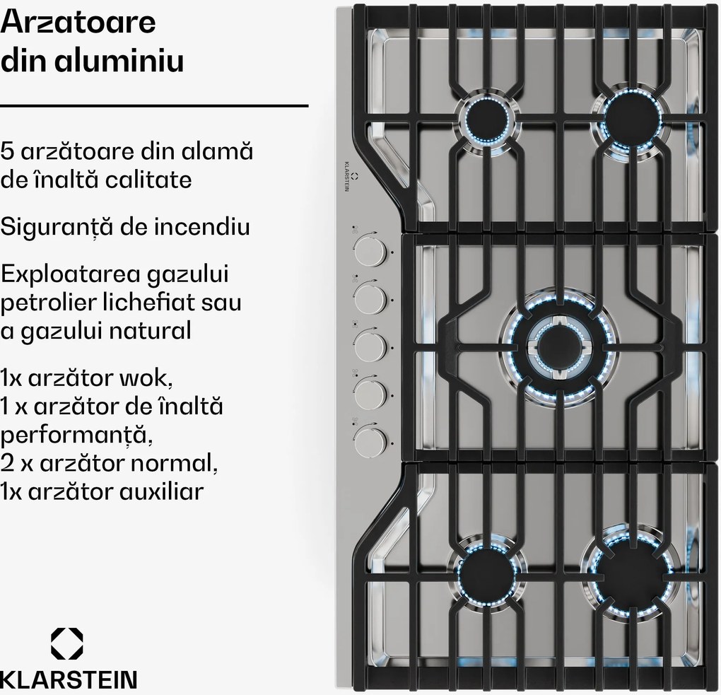 Klarstein Turbocast plită pe gaz, Oțel inoxidabil 304, 5 arzătoare, Suport profesional din fontă, Arzător wok