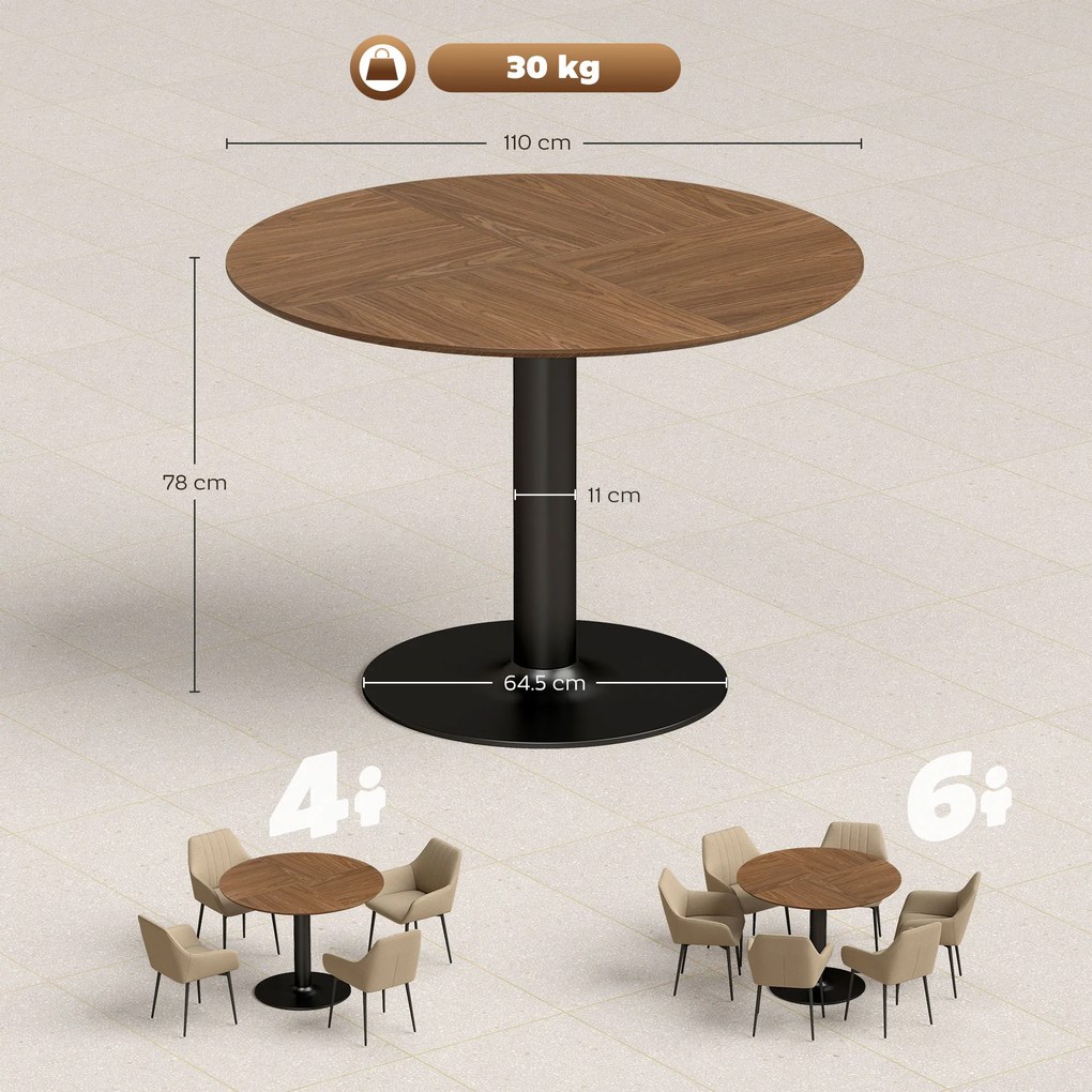 HOMCOM Masă rotundă de dining pentru 6 persoane, Ø110x78 cm, cu bază din oțel, maro cu efect de lemn | Aosom Romania