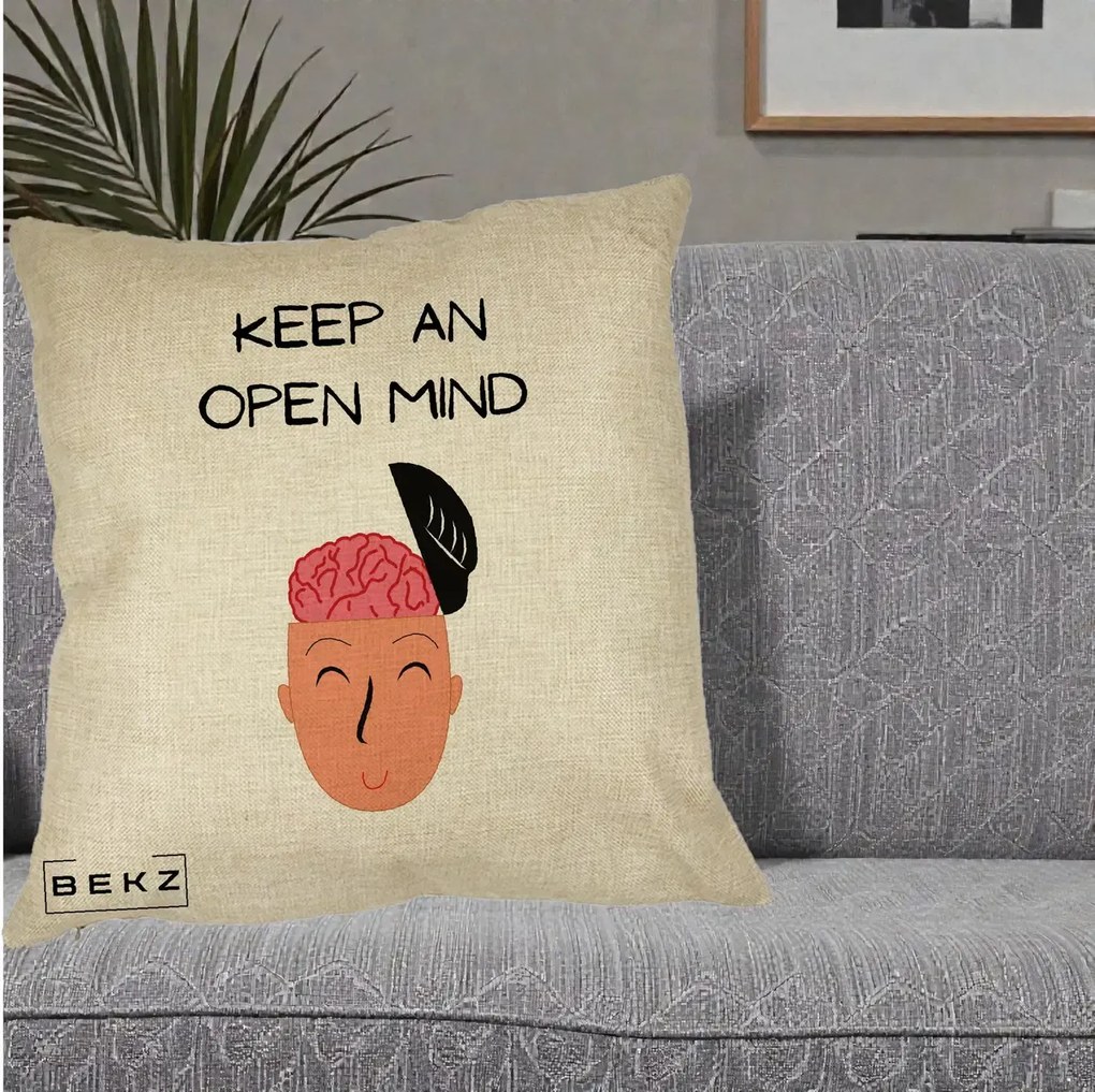 Perna Decorativa Keep An Open Mind, 40x40 cm, Crem, Husa Detasabila, Perna Inclusa, BEKZ®