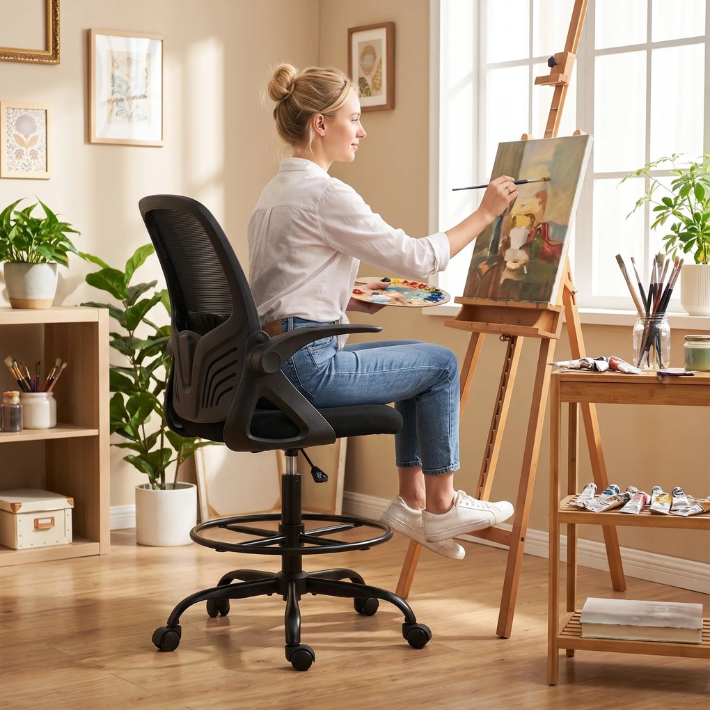 HOMCOM Scaun de Birou Ergonomic din Plasă, cu Suport Lombar și Suport pentru Picioare Reglabil, Cotiere Rabatabile, Negru | Aosom Romania