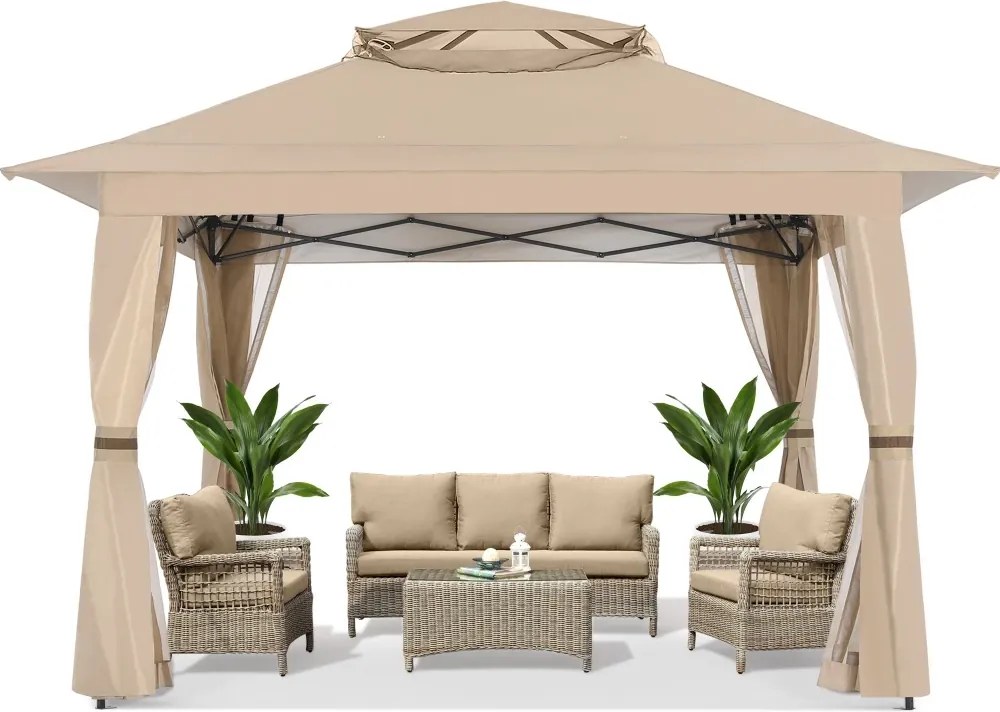 ABCCANOPY Foișor de gradina 3.96x3.96 m - Foișor exterior cu cadru din oțel și plasă de țânțari, înălțime reglabilă 3 trepte, pentru gazon, curte, grădină, terasă, Bej