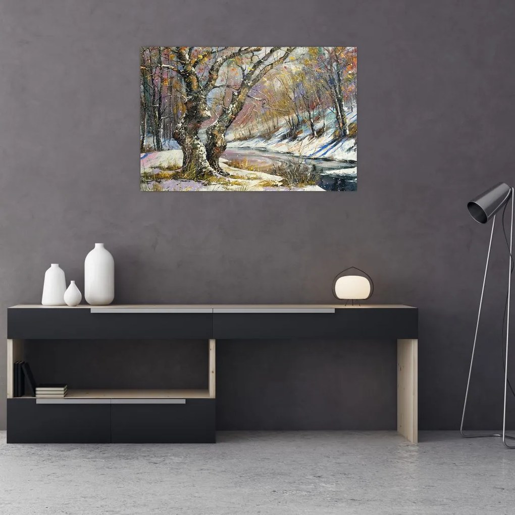 Tablou cu peisaj de iarnă pictat (90x60 cm)