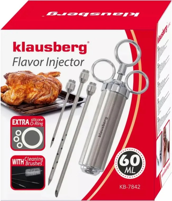 Seringa pentru marinat carne Klausberg KB 7842, 60 ml, 3 ace, Otel inoxidabil, Fara BPA, Argintiu