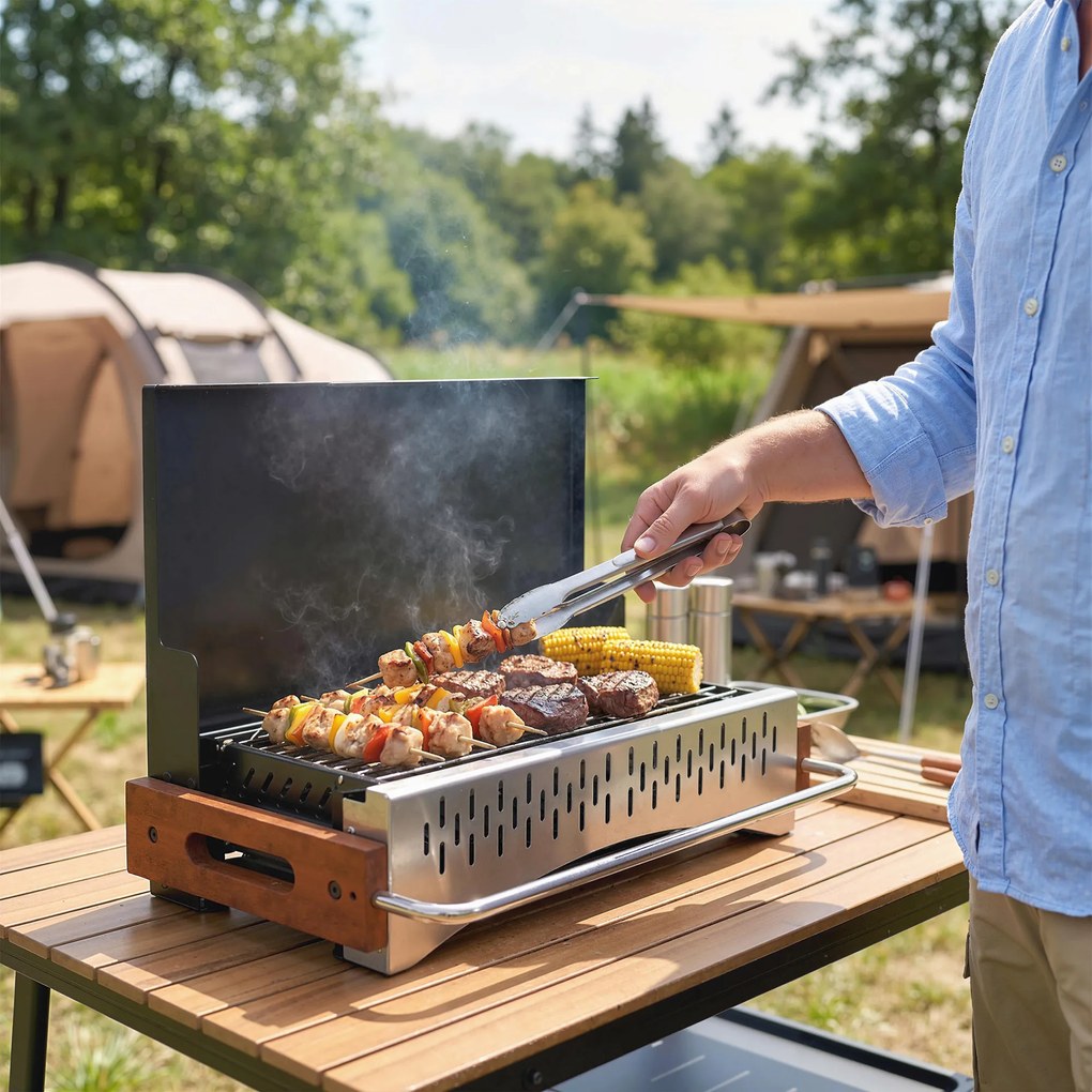 Outsunny Grătar Portabil cu Cărbune, Tava Detașabilă, din Oțel Inoxidabil și Metal, 50,5x34x33 cm, Negru | Aosom Romania