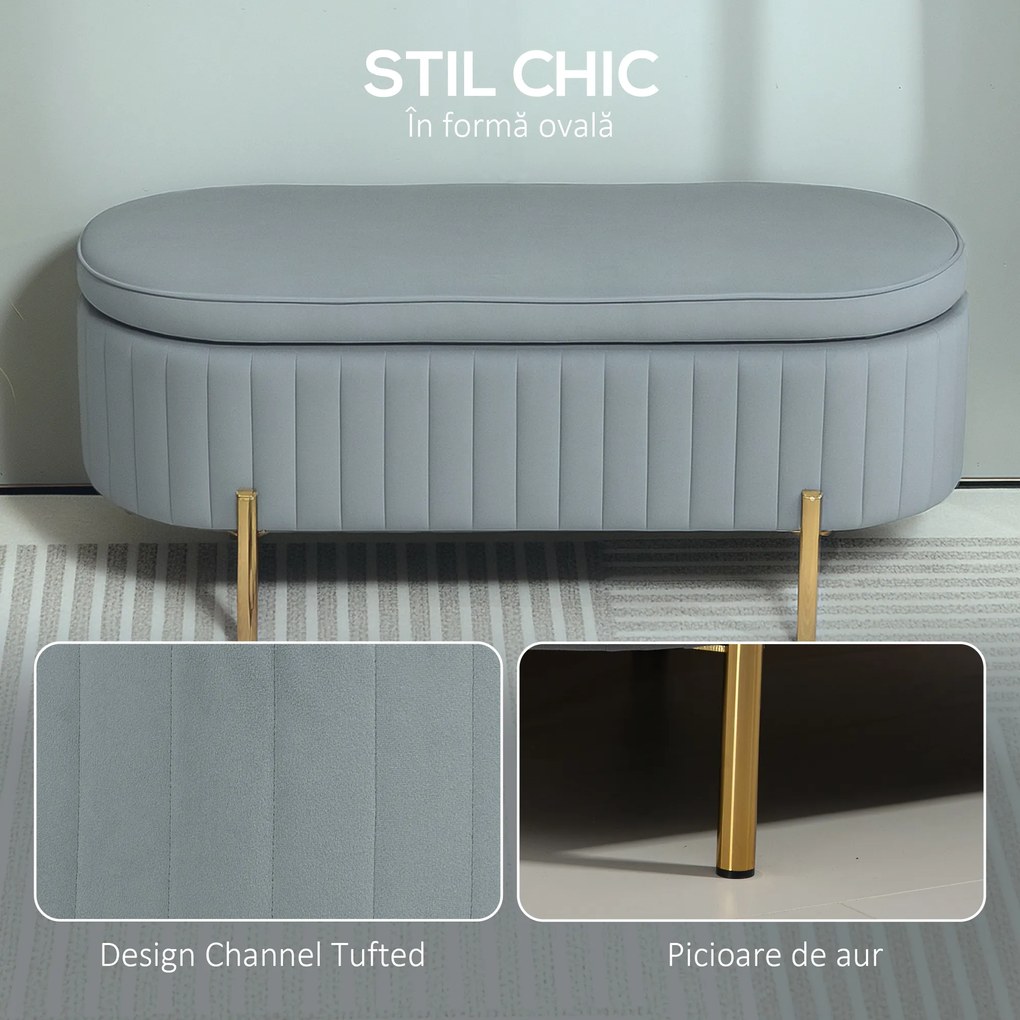 HOMCOM Bancă de Depozitare pentru Intrare Ovală 72L cu Design Scanalat, Capac Ridicabil și Șezut Capitonat, Bancă de la Capătul Patului Pouf în Catifea și Picioare de Lemn de Pin, 108x44x43.5 cm, Gri | Aosom Romania