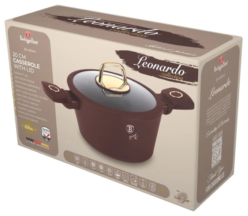 Oală cu capac 20 cm, 2.5L – Berlinger Haus BH8040, Leonardo Collection, pentru gătit rapid, strat antiaderent