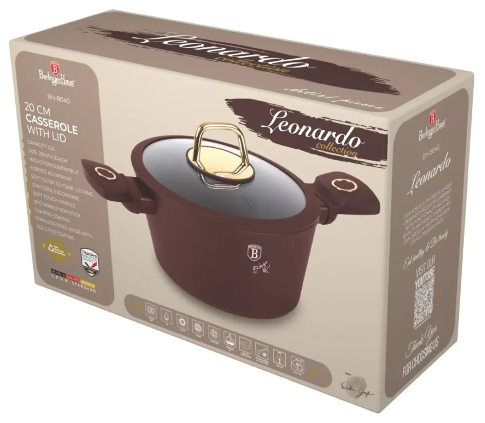 Oală cu capac 20 cm, 2.5L – Berlinger Haus BH8040, Leonardo Collection, pentru gătit rapid, strat antiaderent