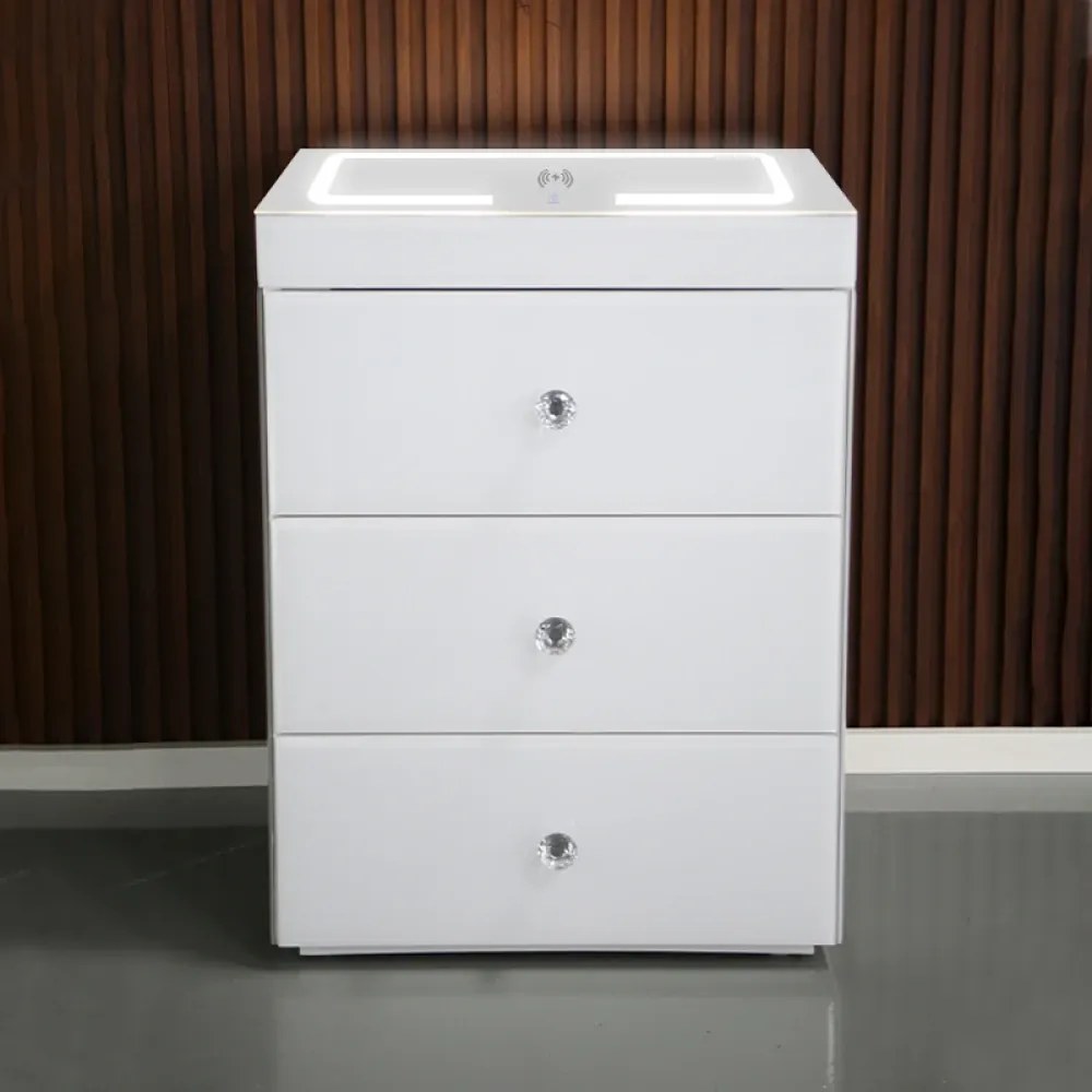 Noptieră inteligentă multifuncțională, din sticla tip oglindă, 3 sertare, LED-uri tactile, 3 tipuri de culoare, încărcare fără fir si USB, Difuzor Bluetooth, sticla securizata, 45x40x60 cm, Alb