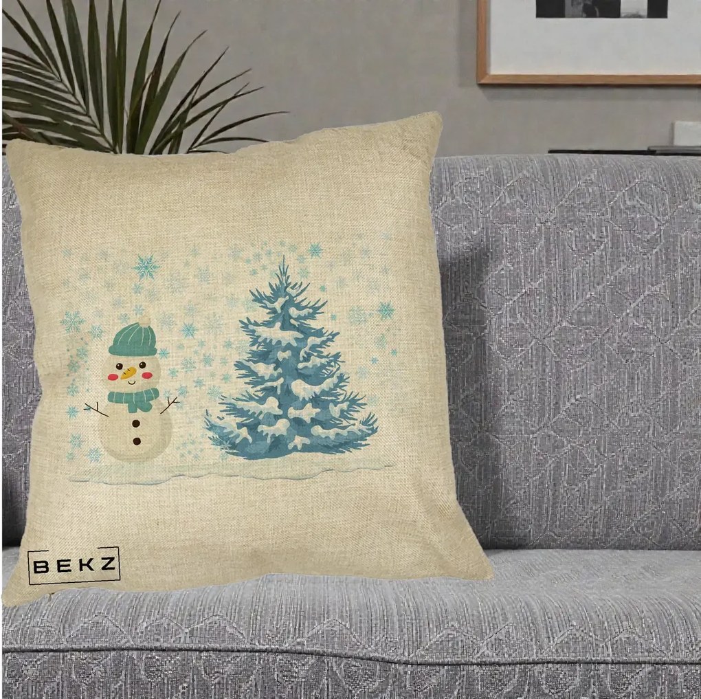 Perna Decorativa Om de Zapada si Brad Craciun, 40x40 cm, Crem, Husa Detasabila, Perna Inclusa, BEKZ®
