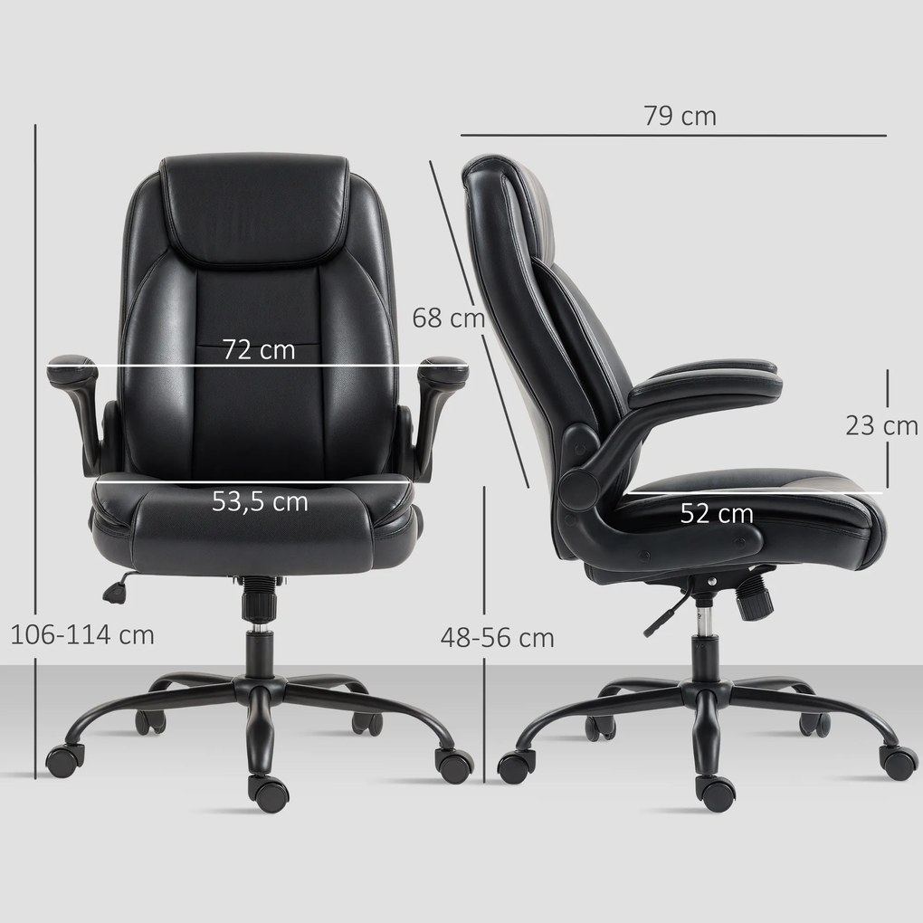 HOMCOM Scaun de birou cu brațe rabatabile, scaun de birou ergonomic, înălțime reglabilă, funcție de balans, negru | Aosom Romania