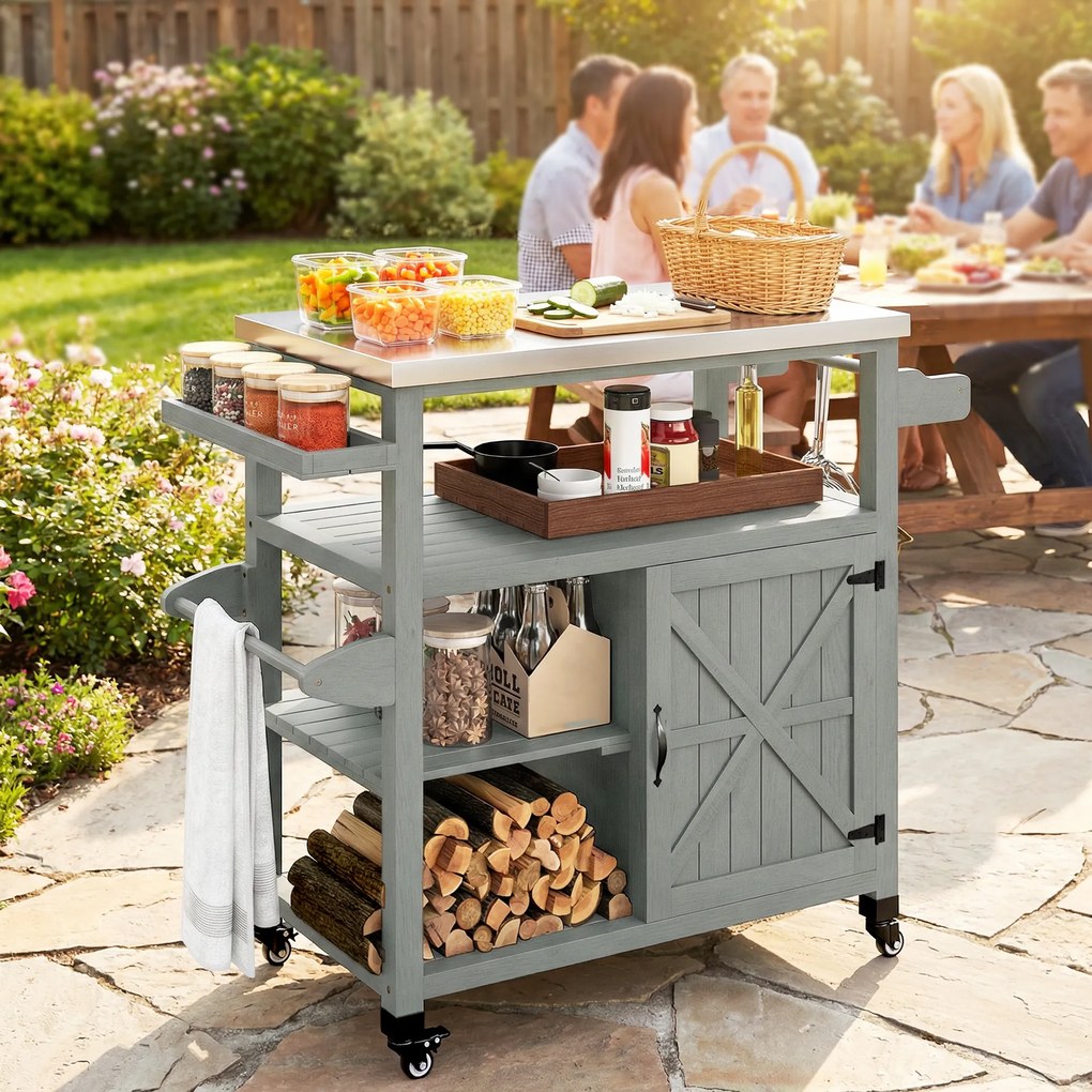 Outsunny Servantă de grădină căruț pentru grătar pe roți cu blat din oțel inoxidabil 107x49,5x92,5cm gri | Aosom Romania