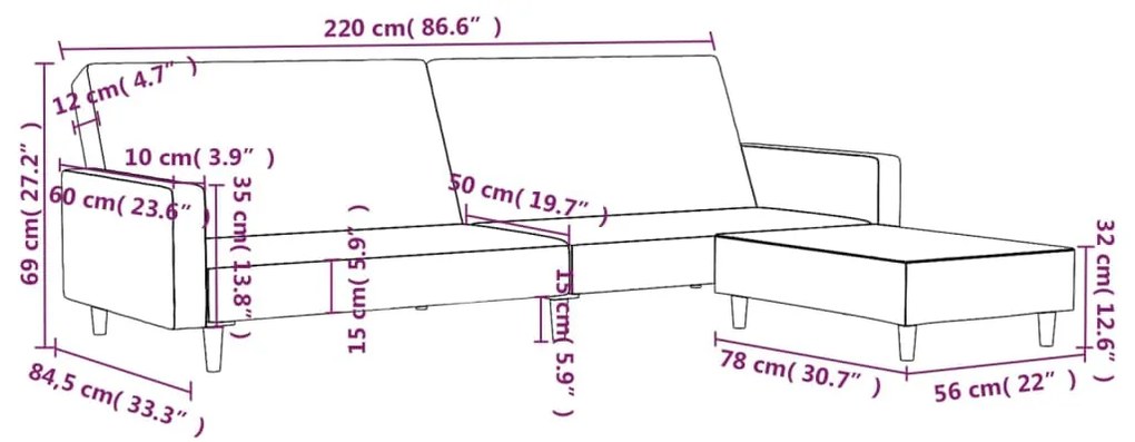 Canapea extensibila cu 2 locuri si taburet, albastru, catifea Albastru, Cu suport de picioare