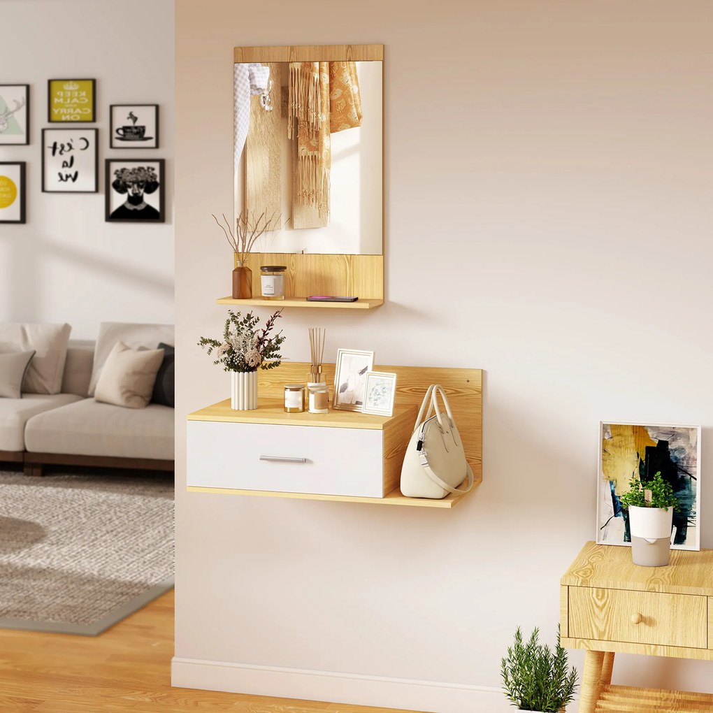 HOMCOM Set de Intrare cu Oglindă cu Raft și Dulap Suspendat cu Sertar și 2 Rafturi Deschise, din Lemn și Sticlă | Aosom Romania