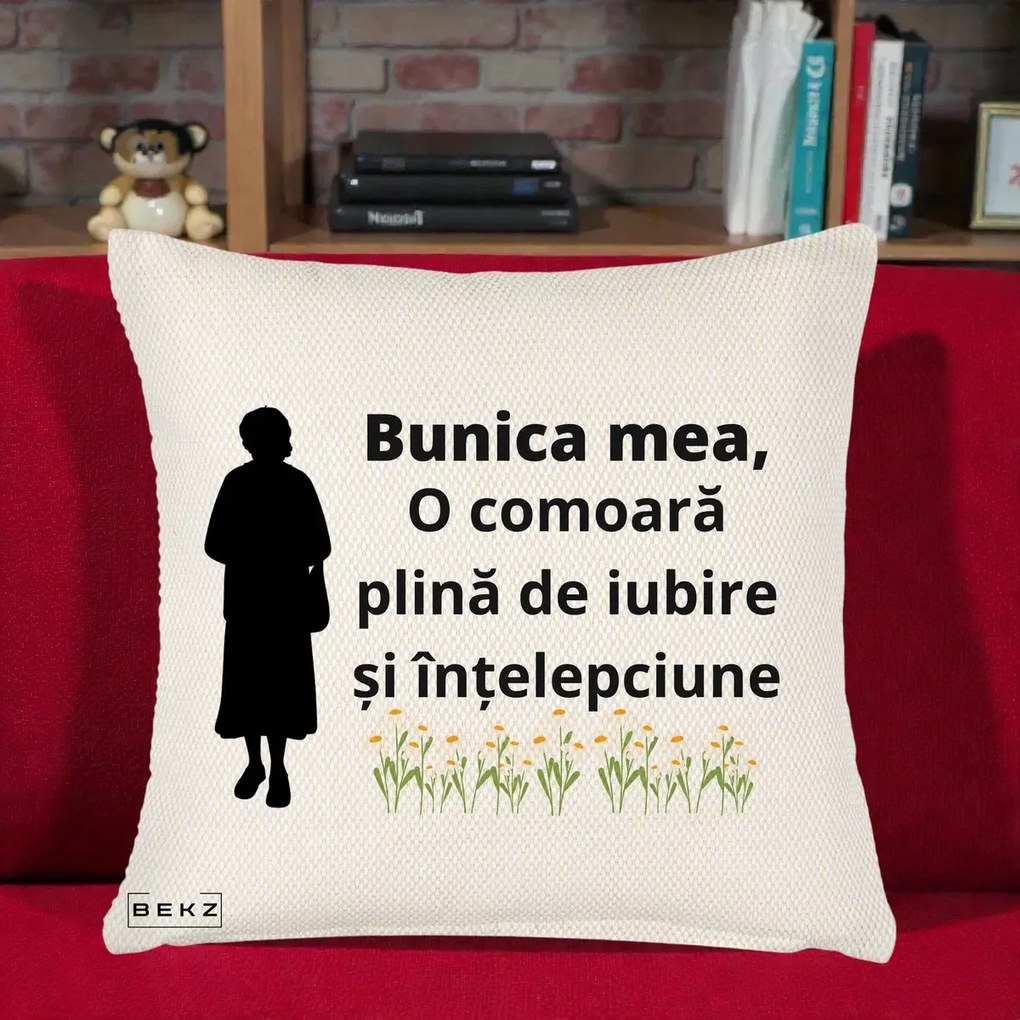 Cadou pentru Bunica - Perna Personalizata Bunica Mea Comoara Iubire Intelepciune Silueta cu Nepoata, 40x40 cm, Crem Reliefat, Husa Detasabila, Perna Inclusa, BEKZ®
