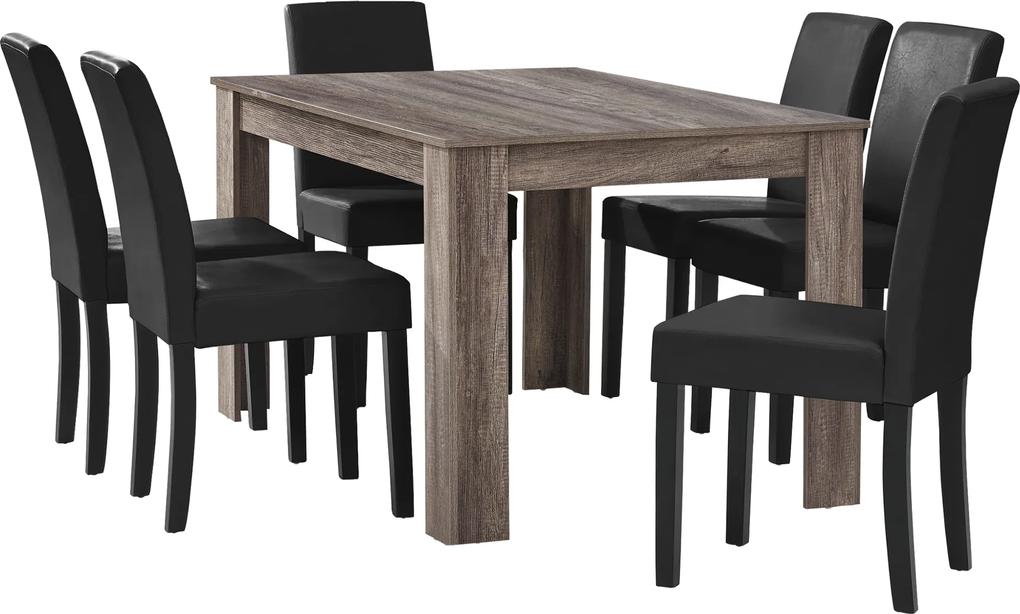 [en.casa]® Masa eleganta Alma, MDF efect stejar/ ,140 x 90 cm - cu 6 scaune imitatie de piele, stejar maro inchis/negru