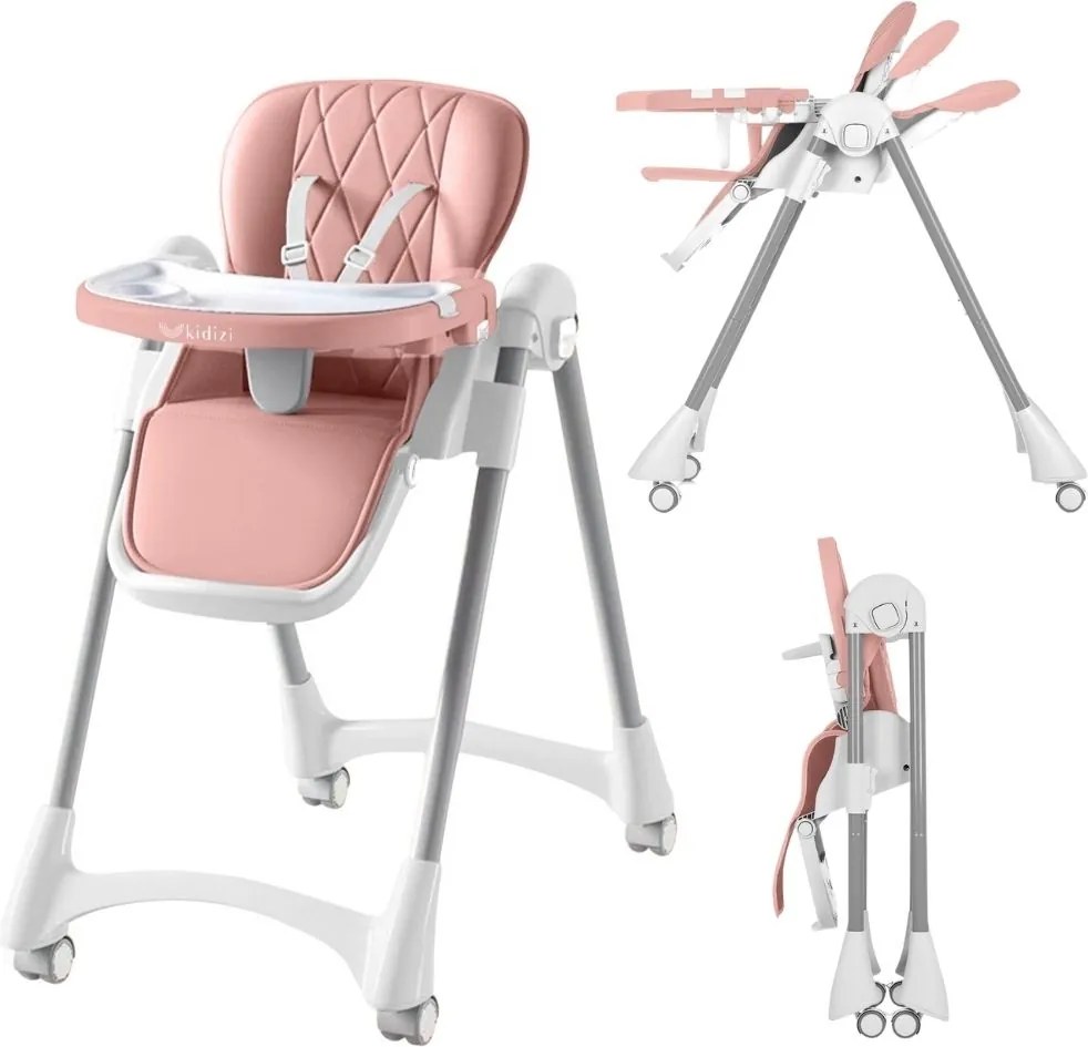 RESIGILAT Scaun de masa pliabil pentru bebelusi si copii Kidizi Allure Roz, 6-36 luni, spatar ajustabil 3 pozitii, roti cu frane