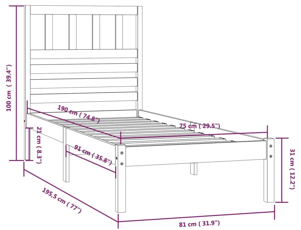 Cadru de pat Small Single 2FT6, 75x190 cm, lemn masiv de pin Maro, 75 x 190 cm