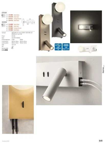 Redo 01-4661 - Aplică de perete NORMA LED/5W/230V + LED/3W CRI 90 USB, aurie